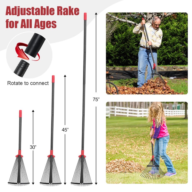 Garden Rake for Leaves: 70 Inch Adjustable Long Handle 18