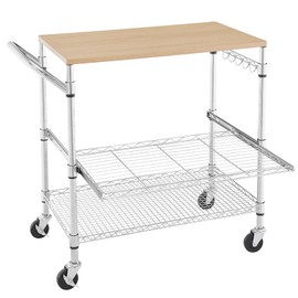 3 Tier Rolling Kitchen Cart with Wood Tabletop, Kitchen Island Carts with Wheels & Slider Shelf, Microwave Cart on Wheels，Coffee Cart & Metal Utility Cart with Hooks, 35.4"L*18.1"W*31.9"H，Wood+Chrome