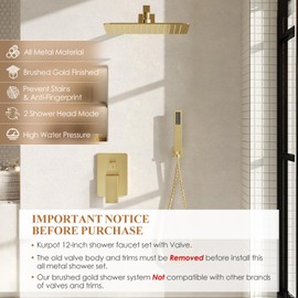 Kurpot Shower System, Gold Shower Faucet Set with Shower Valve and Trim Kit, 12 Inch Rain Shower Head with Handheld Spray, Brushed Gold Shower Head and Handle Set, High Pressure Shower Head System