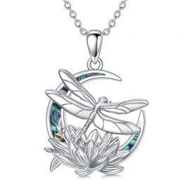 PELOVNY Dragonfly Necklace 925 Sterling Silver Abalone Moon Pendant Lotus Dragonfly Jewelry for Mothers Day Birthday Christmas Gifts Women