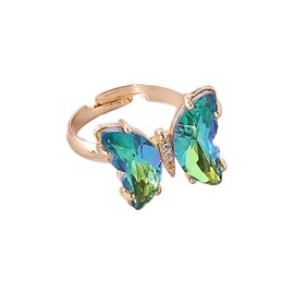 COLORFUL BLING Adjustable Elegant Transparent Crystal 3D Butterfly Rings for Women Aesthetic Gold Plated Cute Animal Insect Open Finger Cuff Ring Birthday Valentine Gifts-transparent green