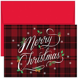 Masterpiece Studios Hollyville 16-Count Christmas Cards in Keepsake Box, 7.8" x 5.6", Plaid Merry Christmas (880600)