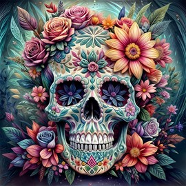 DOMROM Skull Flower Diamond Painting Kits for Adults, Skull Diamond Art Kits for Adults Beginner, DIY Full Drill Diamond Dots Paintings with Diamonds Gem Art and Crafts for Home Decor 12x12 inch
