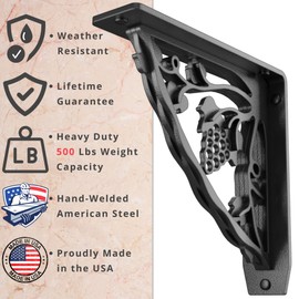 Starby Heavy Duty Wall Shelf Brackets ~ Metal Corbel Supports for Countertop, Mantel, Shelves ~ Rustic Wrought Iron Black ~ Hand Welded Stacked Steel ~ 500# Capacity ~ 2 Pack - 8"x8" ~ Made in USA