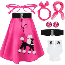 Breathffy Women 1950s Poodle Skirt Costume Outfit Sock Hop Costume Skirt Scarf Belt Sock Eyeglass(X-Large,Hot Pink)