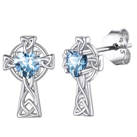 Celtic Cross March Birthstone Earrings For Women Jewelry Blue Crystal Sterling Silver Stud Viking Earrings