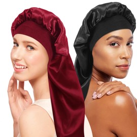 Kulamo Pack of 2 Long Satin Sleep Cap for Women - Extra Large Sleep Cap - Sleep Cap for the Night - Sleeping Cap with Elastic - for Curly Long Hair Smooth Breathable