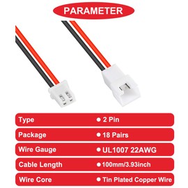 MKBKLLJY 18ペアJST XH 2.54ミリメートル2ピンオスとメスコネクタケーブルUL1007 22AWG 100ミリメートル赤黒のコネクタ線ケーブルと熱収縮チューブ小さなドローン電池端子ソケットLEDストリップライト用 RCカー トラック 飛行機 RC FPV レーシングドローン ヘリコプター用