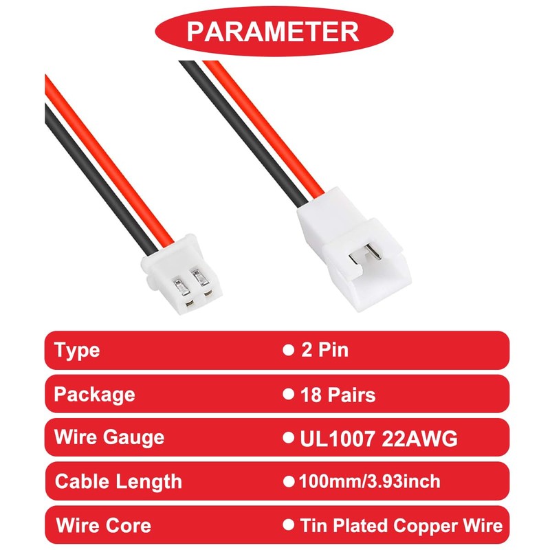 MKBKLLJY 18ペアJST XH 2.54ミリメートル2ピンオスとメスコネクタケーブルUL1007 22AWG 100ミリメートル赤黒のコネクタ線ケーブルと熱収縮チューブ小さなドローン電池端子ソケットLEDストリップライト用 RCカー トラック 飛行機 RC