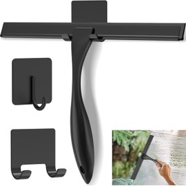JIUS@FF Escobilla De Goma para Cristales,Raspador De Silicona con Soporte De Ventosa Sin Orificio Y Mango De Acero Inoxidable,Adecuado para Espejos,Ventanas Y Vidrios (Negro - Gancho Doble)