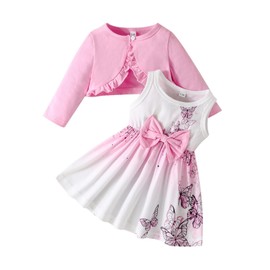 Baby Girl Summer Outfits Tulle Dress Sleeveless And Puff Sleeve Denim Jacket Baby Girl Clothes Set (Pink butterfly, 3-6 Months)