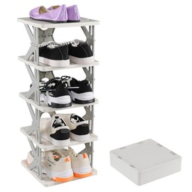 Afromy 5 Tier Plastic Collapsible Shoe Shelf, Vertical Shoe Organizer Rack for Front Door Entrance