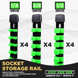 EGOFIX Socket Organizer Set 12PCS ABS Holder Kit - 1/4-Inch x 64, 3/8-Inch x 60, 1/2-Inch x 48 Clips, Drive Tray, Rail - Green