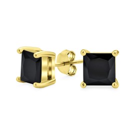 1 CTW Black Square Stud Earrings Cubic Zirconia Princess Cut CZ Basket Set 14K Gold Plated Sterling Silver 8mm