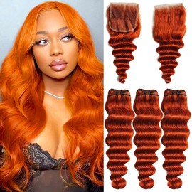 Ginger Closure with Bundles Human Hair Loose Deep Wave(18 20 22+16) #350 Colored Brazilian Sew In 3Bundles and 4x4 Lace Closure