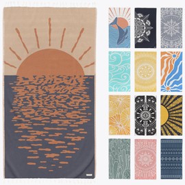 FESHKA Sand Free Turkish Beach Towel (37 x 67) Quick Dry Bath Towel, Oversized Beach Blanket, Lightweight for Travel - Made with 100% Organic Turkish Cotton - Sunset Lover (Rust/Dark Navy)