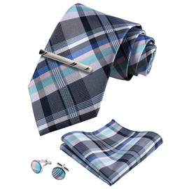 TIE G - Juego de corbatas a cuadros para hombre en caja de regalo negra: corbata y bolsillo cuadrado, gemelos, clip de corbata formal de negocios para bodas, D2-pink Grey Check, Modern