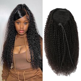 SAKALAKA Ponytail Extension Drawstring Human Hair Clip in Pony Tail Hair Extensions for Black Women Curly Wave Thick Hair Natural Looking Kinky Curly Human Hair Ponytail（24Inch）