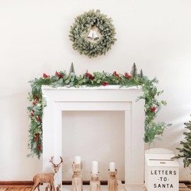 JoyHome 6ft Pine Christmas Garland,Artificail Red Berry Garland Christmas with Eucalyptus Leaves Cypress Garland for Home Decoration for Winter Holiday Mantel Table Decor