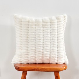 BYTIDE Shaggy Stripe Faux Fur Decorative Throw Pillow Cover with Velvet Back 20 x 20 Inches, Plush Square Soft Cushion Case Pillowcase for Couch Bed Bedroom Living Room, White