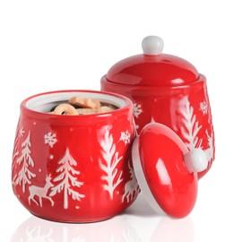 Christmas Tree Deer Scene Design Ceramic Jar, Red Ceramic Food Storage Jar, Cookie Jar with Lid Storage Container For Kitchen Counter (Red)