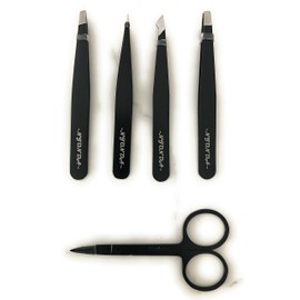 NJONDA Tweezers 5pc Set Professional Stainless Steel With Curved Scissors, Best Tweezers for Eyebrow, Facial Hair