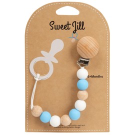 Sweet Jill Pacifier Clip Made with Silicone Beads and Secured with Wood Clip. 1 Piece Design. BPA-Free. Chewable. 9" Long. Keeps Pacifiers and teethers securely Fastened. (Light Blue Multi)