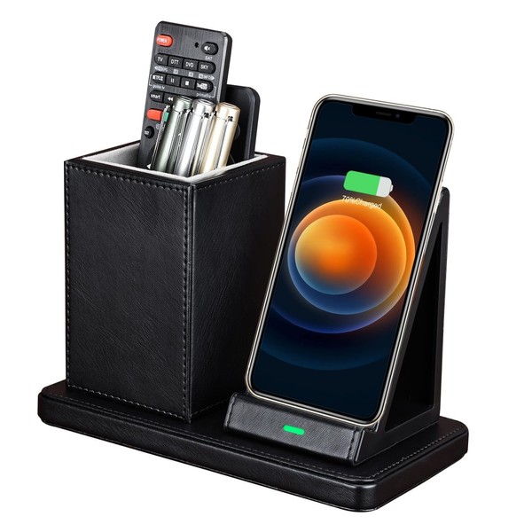 LADSTAG PU Leather Pen Stand, Simply Place Charging, Desktop Storage, Desk Organizer with Charging Function, Smartphone Charging Stand, Remote Control Rack, Charging Station, Desk Storage Box, Storage Case, Pencil, Pen Holder, Tabletop Organizer, Station