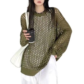 Tiernyueth Sweater, Knit Mesh Pullover, Women's Summer Knit, Loose Fit, Openwork Knitting, Sheer, Sheer, Spring, Summer, Autumn, See-through, Long Sleeve, Blouse, Cooling Protection, UV Protection,