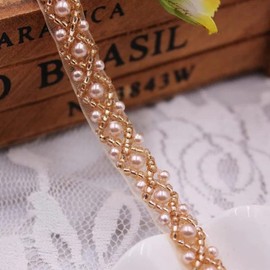 Yulakes 2 Yards Beads Lace Trim Mesh Lace Ribbon Fabric Clothing Decoration Wedding Dress Collar Sleeves Lace Applique DIY Crafts (Champagne)