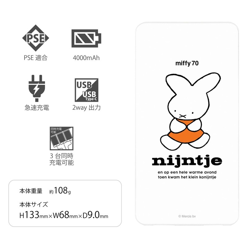 Gourmandies Miffy 70th USB/USB Type-C 4000mAh Li-Polymer Charger, 2.1A Nine