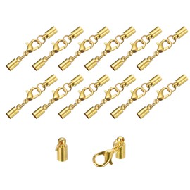 sourcing map Set of 20 4 mm Leather Cord End Caps with Lobster Clasp Clips Cylinder End Pieces for DIY Making Leather Bracelets Gold Tone
