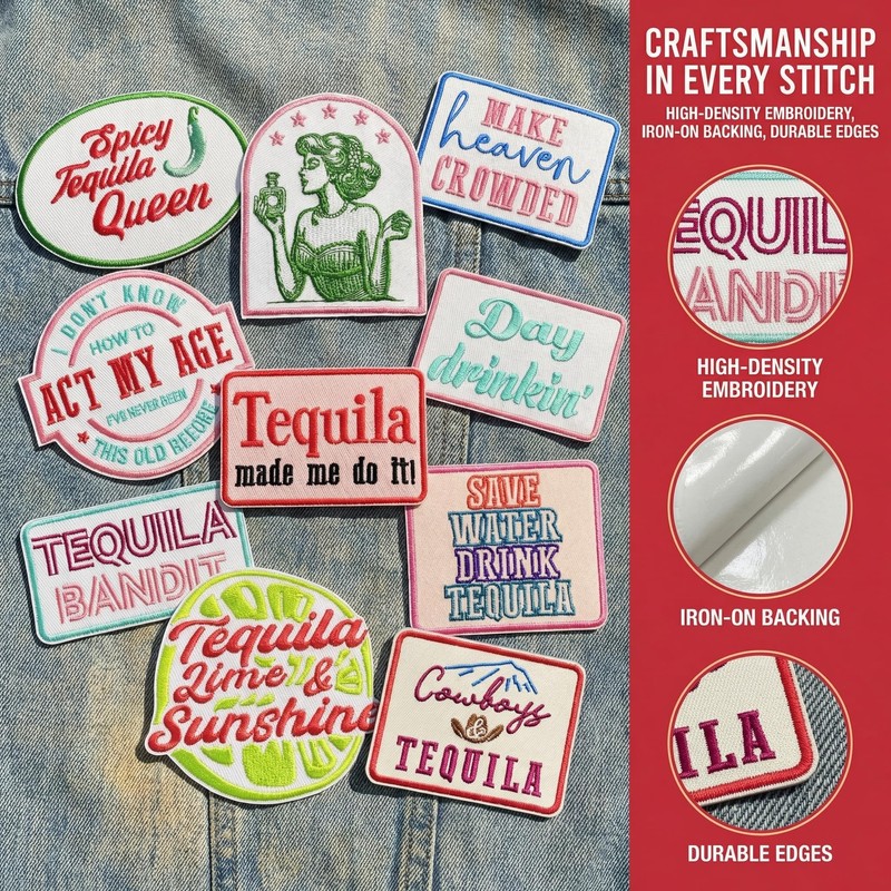 10PCS Drink Tequila Patches, Funny Drinking Quote Embroidered Appliques for