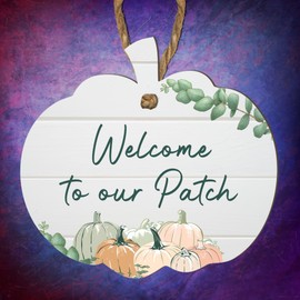 Welcome to Our Patch Hanging Pumpkin Plaque | Rustic Fall-Themed Indoor Decoration | MDF Wood Sign with Jute String | 9.5cm x 9cm Cozy Autumn Farmhouse Decor