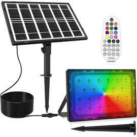 CLY Color Changing Solar Lights with Remote, IP66 Waterproof Outdoor Solar Flood Light 10 Colors 12 Modes 6 Brightness, Timer Memory Function 5M Cord for Stage Party Garden Wall Washer Light