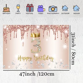 3rd Birthday Decoration Happy Third Birthday Backdrop for Girls 3 Birthday Party Background Glitter Rosegold Party Banner with Crown Element Kids Photo Studio Props