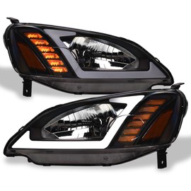 Switchback Sequential LED Strip Tube Bar Black Housing Crystal Headlights Signal Lamps Amber Reflector nb Compatible With 01-03 Honda Civic 2 Door Coupe / 4 Door Sedan