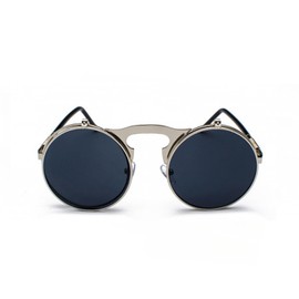qinqilanqi-S Retro Metal Steampunk Flip-Up Sunglasses for Men and Women, Round Frame Sunglasses for Fashion, silver/grey