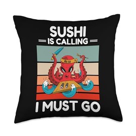 Vintage Octopus Sushi Is Calling I Must Go Sushi Lover Throw Pillow, 18x18, Multicolor