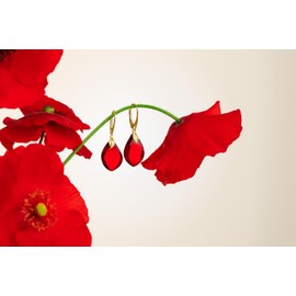 Amber by Mazukna - Amber Earrings Red - Elegant Amber Jewellery Hanging with Golden Fitting for Women, Teardrop Amber Earrings, Women's Jewellery, Amber, Amber