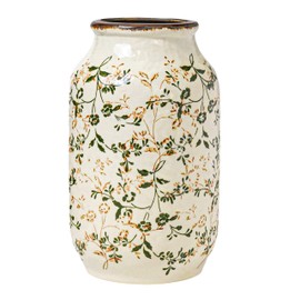White and Green Vintage Vase, Chinoiserie Floral Vases for Flowers, Rustic Farmhouse Ceramic Vase for Home Decor, Living Room, Shelf, Office, Vintage Room Decor, 9 inch