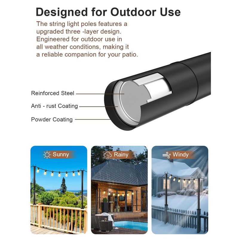 2 Pack String Light Poles for Deck, 5Ft Heavy-Duty Metal