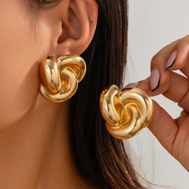 Spiral Knot Design Chunky Geometric Statement Earrings for Women's Fashion Lightweight Dainty Party Wear (A:Gold)