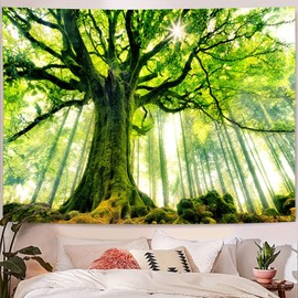 Skcess Tapestry Forest Nature Landscape, Green Wall Cloth Tree Sunrise Tapestry Wall Hanging Small Wall Decoration for Bedroom Living Room 150 x 130 cm