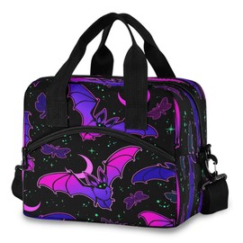 Mnsruu Lunch Bag, Purple Bat Gothic Insulated Lunch Box Cooler with Shoulder Strap School Picnic Snack Water Resistant Thermal, Bottle Holder, PBA Free