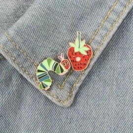 Caterpillar And Strawberry Enamel Pin Set Of 2 - It’s Hungry - Eating Very Much