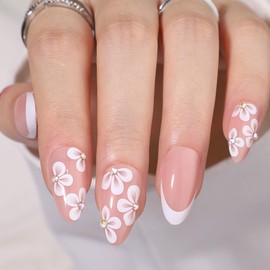 30Pcs Almond Press on Nails Medium White Flowers Fake Nails French Tips Nails Press ons with Rhinestone Glue on Nails Designs Glossy Acrylic Nails for Women Manicure 15 Sizes