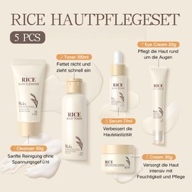 Rice Hautpflegeset 5 Stück - Geschenke für Frauen - Reis Gesichtspflege Set für Teenager Mädchen und Frauen - Rice Skin Care Set mit Reiniger, Toner, Augencreme, Serum, Gesichtscreme