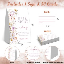 Date Night Ideas Game, Wildflower Date Night Idea Cards for Couples, 1 Sign and 50 Cards, Couple Activities for Anniversary Wedding Engagement Party, Bachelor Party Night Bridal Shower Decorations