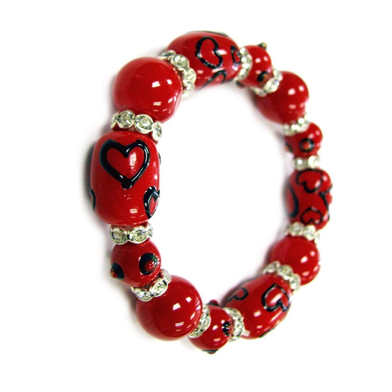 Linpeng Painted Heart Red Stretch Beaded Bracelet